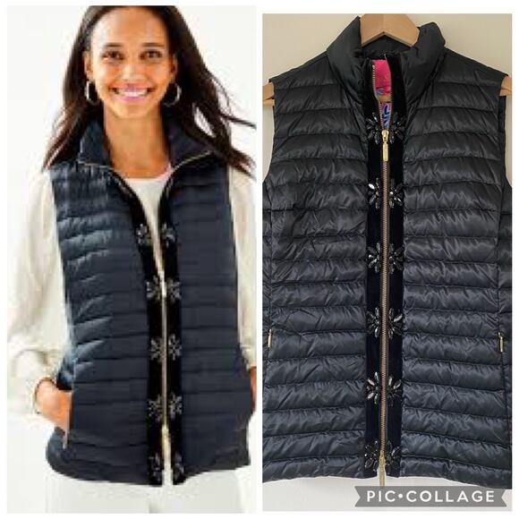 Lilly Pulitzer Noella Vest Black Preppy Jewel Zip Up Down Puffer M Casual Preppy - Picture 1 of 9